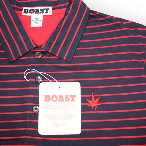 BOAST USA Men Medium Classic Jersey Striped Polo Shirt Navy Red Cotton Leaf Logo - Picture 3 of 14